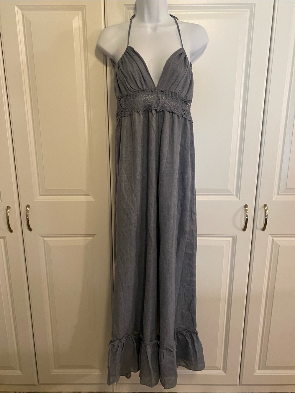 Chambray Halter Maxi Jumpsuit with Lace Smocked Waist
